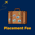 Illustration of a brown suitcase with travel stickers on a blue background, with the text 'Placement Fee' below.